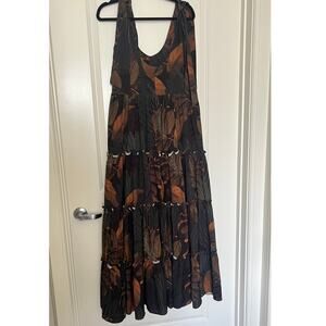 Eugenia Fernandez Tie Strap dark green leaves tiered dress medium